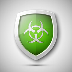 Protection shield with the sign of biological contamination concept. Safety biohazard badge icon. Privacy banner. Security label. Defense tag. Presentation gas attack sticker shape. Defense sign