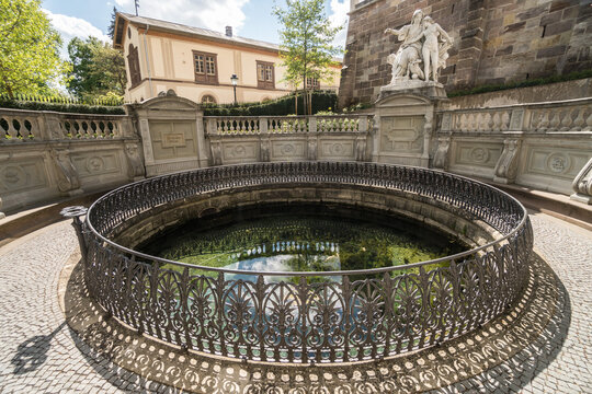 Water at the fountain of Source Of Danube, Donauquelle at Donaueschingen in Black Forest, Germany