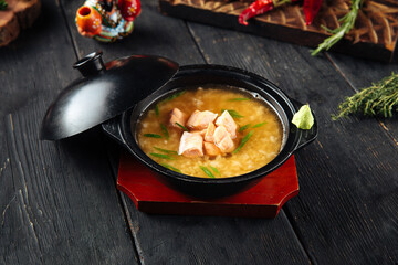 Appetizing ishikari miso soup with salmon 