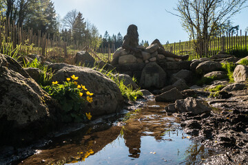 Source of Breg river in the Black Forest, South Germany, the longest and biggest headstream of the River Danube, also considered the source of Danube, protected natural monument, Europe