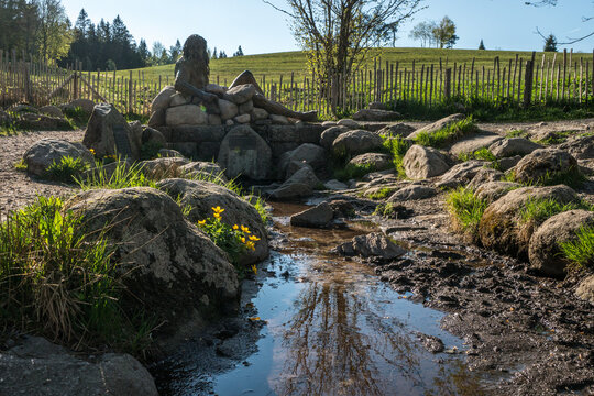 Source of Breg river in the Black Forest, South Germany, the longest and biggest headstream of the River Danube, also considered the source of Danube, protected natural monument, Europe