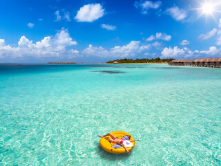 Eine attraktive Frau im Bikini und mit Hut treibt auf einer runden Luftmatratze über das türkise Wasser der Malediven und genießt ihren Urlaub
