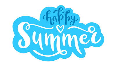 Happy summer handwritten lettering sticker on blue background. Hand-drawn vector calligraphy phrase. Design for t-shirt, card, web banner, social media or print.