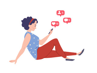 Young woman with smartphone in hands checking her social media account. Like button, followers and messages icons. Getting likes in social media concept. Cartoon character, vector illustration.