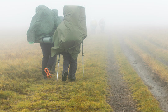 A group of hikers walk in the fog. © Konstiantyn Zapylaie
