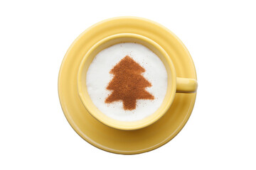 Top view of a cup of coffee with cream decorated. Food art creative concept image, drawing with cinnamon powder over white background.