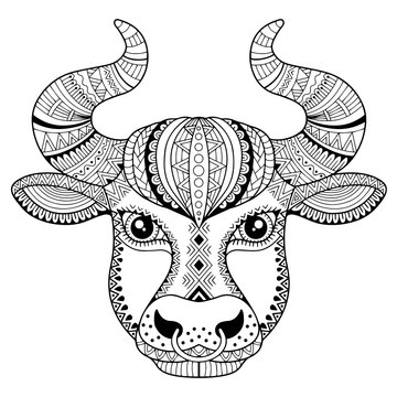 Vector coloring book for adult. Silhouette of bull isolated on white background. Zodiac sign Taurus. Aanimal print.