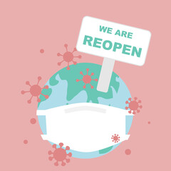 Reopen economy during Covid-19 pandemic concept - World wearing mask and holding reopen sign
