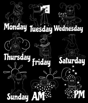 Dog Days Of The Week. Funny Dog Drawn By Hand At Different Times Of The Week. Illustration Of Different Things That Cheer Up Every Day.