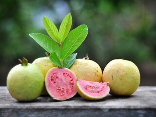 Red guava and green leaves on bokeh background. Tropical fruit concept