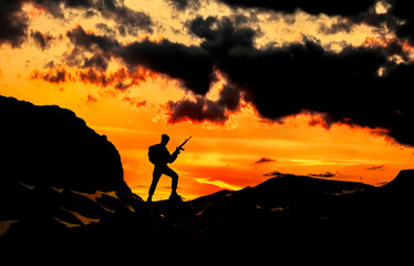Soldier salute. Silhouette on sunset sky. Army, military.