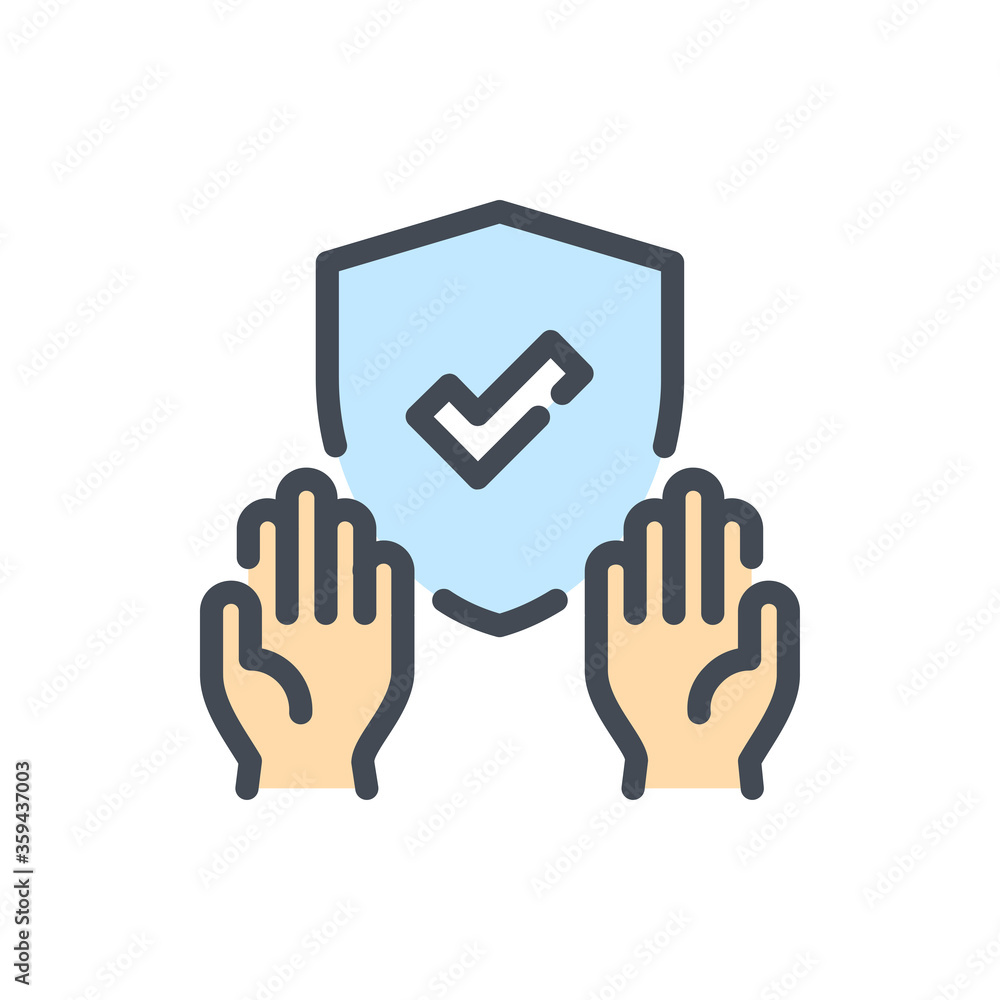 Poster hand hygiene and hand protection color line icon. hands with shield and checkmark vector outline col