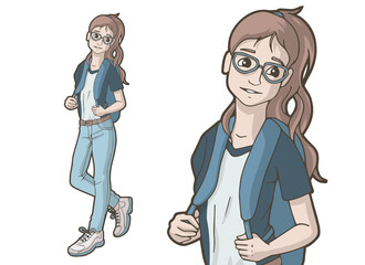 Cute cartoon teenage girl wearing glasses, jeans and snickers