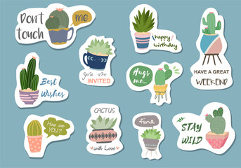 collection of cactus illustrations in a pot. cactus stickers with words