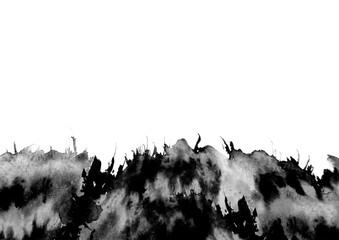 Watercolor background with vintage floral pattern - grass, wild plant,field, meadow.Watercolor black landscape, silhouette of grass, shrub. Black blot, a splash of paint. Watercolor card, background.