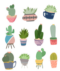 Set of cactus houseplants in flower pots. Vector icons on white background.Cactus Vector Illustration. Set of flat cartoon cute desert or home pot cactus