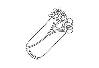 One single line drawing of Mexican burritos, Greek shaurma, shawarma or gyro. Street fast food concept. Modern continuous line draw design logo for cafe. Vector illustration