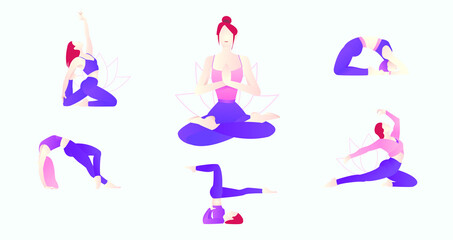 Set of yoga poses vector illustrations. Woman doing exercises at home. Lotus pose. Asana