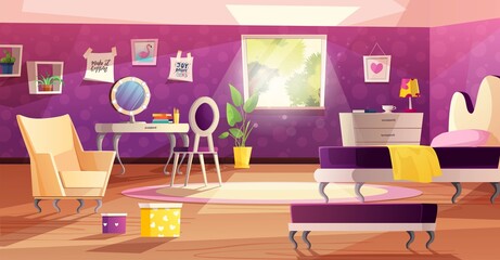 Girl room interior in pink and violet colors. Vector cartoon teenager room in classic style with work space, window, armchair, plant spot and pictures on wall.