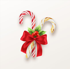 Realistic Xmas candy cane with red bow and a sprig of Christmas holly isolated on white backdrop. Vector illustration
