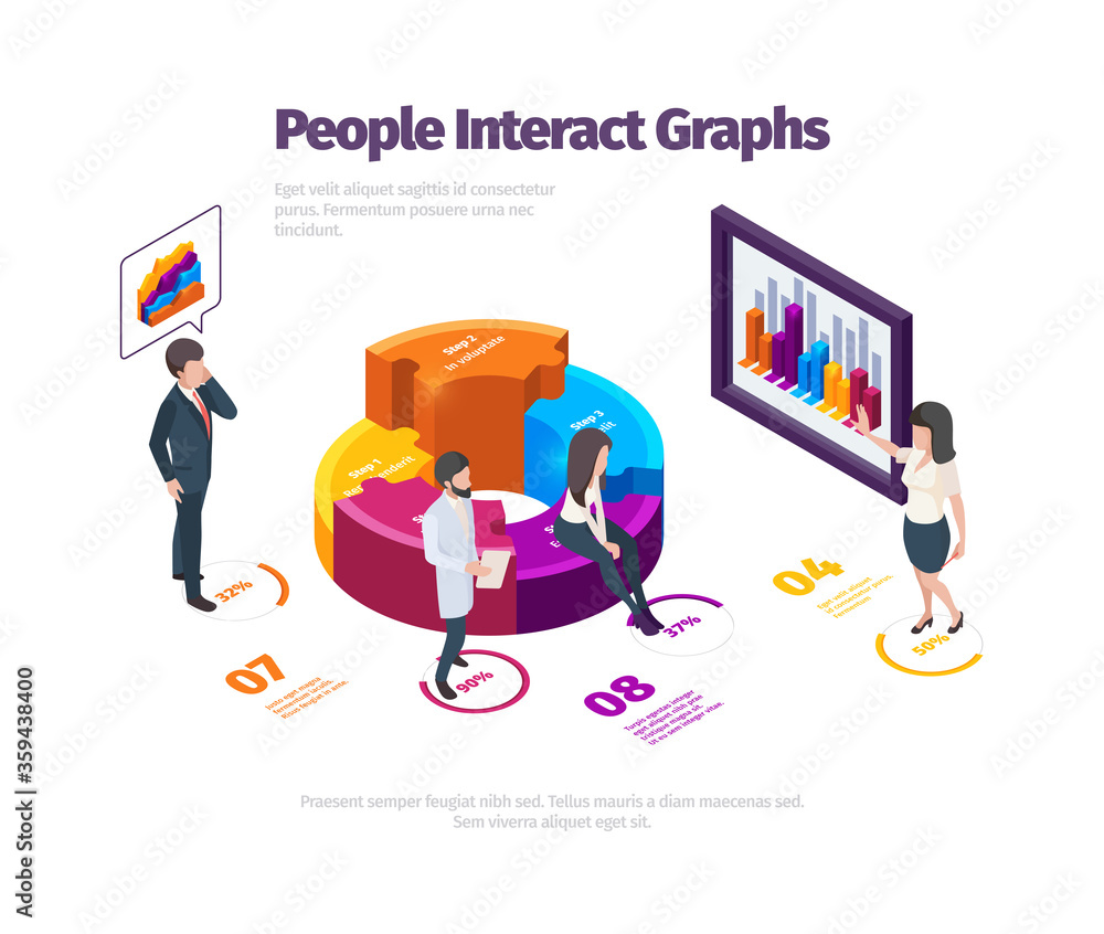 Poster people interact graphs. futuristic glowing panels business web analytics technology solutions data s