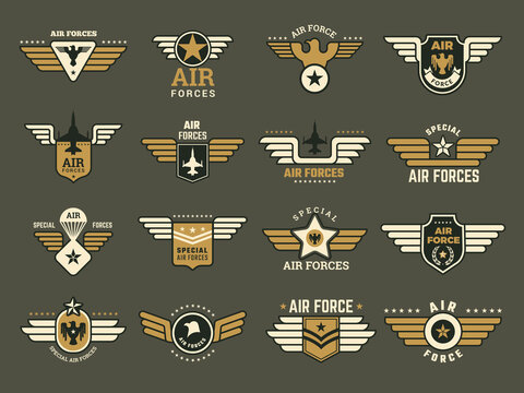 Army badges. Air special forces emblems with different symbols weapons wings anchor vector military set. Illustration military emblem, army air force insignia