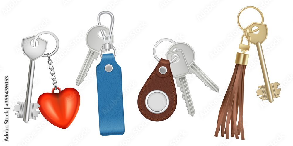 Poster keys on keychains. realistic bunch with keys trinket different forms circle shapes vector isolated p