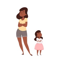 Angry people. Mother and daughter in quarrel. Afroamerican sad adult female and baby girl. Isolated family vector illustration. Daughter and mother conflict, woman and girl