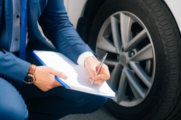 A man writes in a tablet next to the car. An accident on the road, the airbag didn't work.