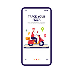 Vector illustration of an online food delivery service. The courier on a moped delivering a pizza. Food motorbike delivery. Page template for a mobile app or web design.