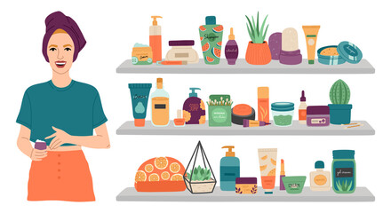 Сoncept of girl and makeup set, woman with a towel on her head stands near shelves with cosmetics for face care. Vector illustration, flat cartoon style on white isolated background. 