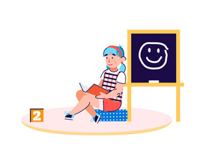 Child girl studying at home and reading a book, cartoon vector illustration isolated on white background. Image for homeschooling and kids education topics.
