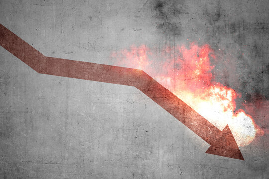 Red arrow down with explosion effect on the wall