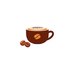 Vector icon of a coffee cup with coffee, milk foam and chocolate chips. Flat illustration isolated on a white background.