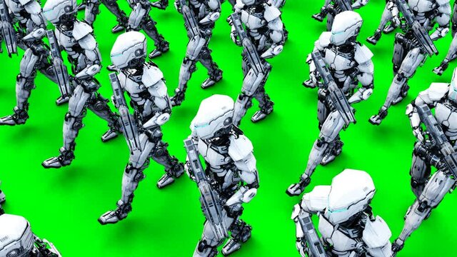 invasion of military robots with gun. marching robots. Green screen 4k footage.