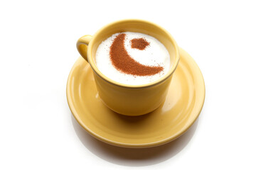 A rustic mug with coffee cream. Food art creative concept image, drawing with cinnamon powder over milk cream in a white background.