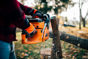 Man cutting tree trunk with chainsaw.