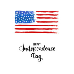 Happy Independence Day card. American Independence Typography card. Modern brush calligraphy text on watercolor American flag background. Hand drawn lettering typo vetor illustration Isolated on white