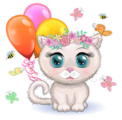 Cute cartoon pink cat, a kitten on a background of flowers holds balls with its tail