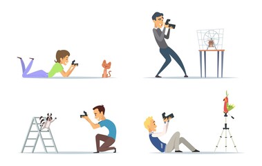 Animal photographers. Bloggers with photo cameras and pets vector illustration. Photographer and pet shooting by camera
