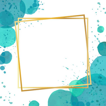 watercolor splash effect border frame background. Blue brush strokes Gold round contour frame. Golden luxury line border for invitation, card, sale, fashion, wedding. Vector illustration.