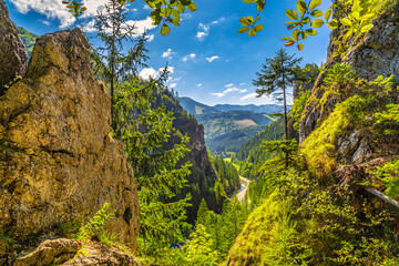 Mountainous landscape with a rocky strait on a sunny morning. Vratna valley in Mala Fatra National Park, Slovakia, Europe.