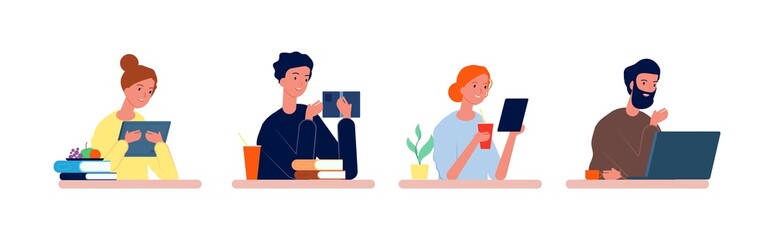 Students at desk. Exam preparation, people reading, drinking and eating. Smile woman man studying vector illustration. Reading at workplace, young education studying, freelancer learning and working