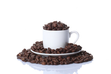 cup of coffee full of coffee beans isolated on white background with copy space for your text