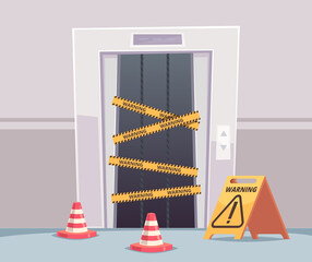 Elevator repair. Business office with closed damaged elevator doors under construction vector building interior. Lift repair, broken and closed, notice damaged illustration © ONYXprj