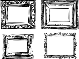 Vector sketches of a set of decorative wooden vintage picture frames