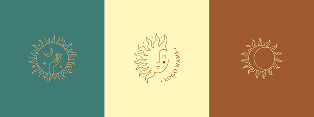 Set of logos in a linear style. Delicate, mysterious images. Three magic logos - the sun with the girl’s face, the magic sign of the sun, the hand holds the moon and stars inside the sun.