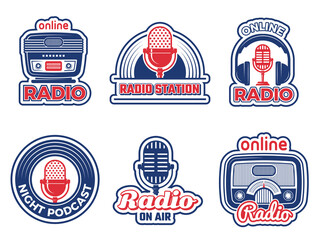 Radio show badges. Air podcast audio studio logo music radio station vector labels set collection isolated. Radio badge sound, microphone logo illustration