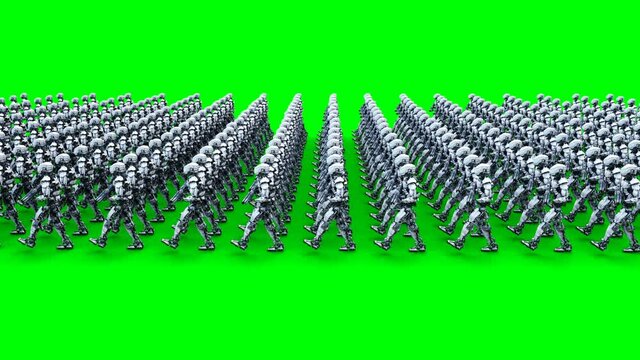 invasion of military robots with gun. marching robots. Green screen 4k footage.
