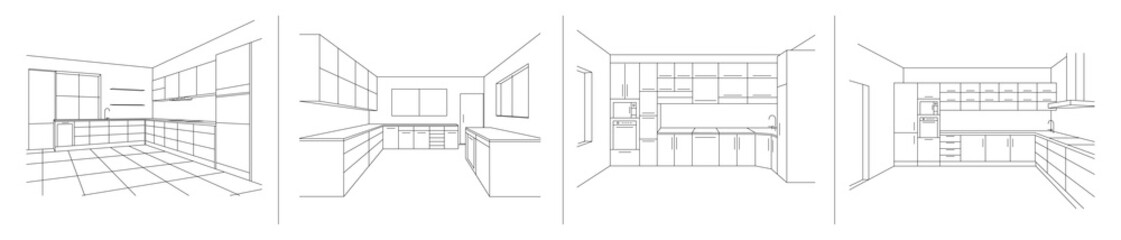 KITCHEN INTERIOR SKETCHES. Line vector illustration of modern kitchen with furniture. Perspective sketch draw plan interior kitchen. Modular kitchens system on white background.